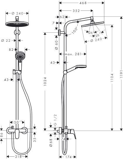 Душевая стойка Hansgrohe Crometta S 240 1jet Showerpipe EcoSmart 27269000 9 л - 1