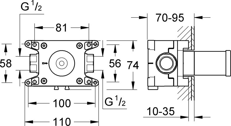 Шланговое подключение Grohe Grohtherm F 35034000 скрытая часть - 1