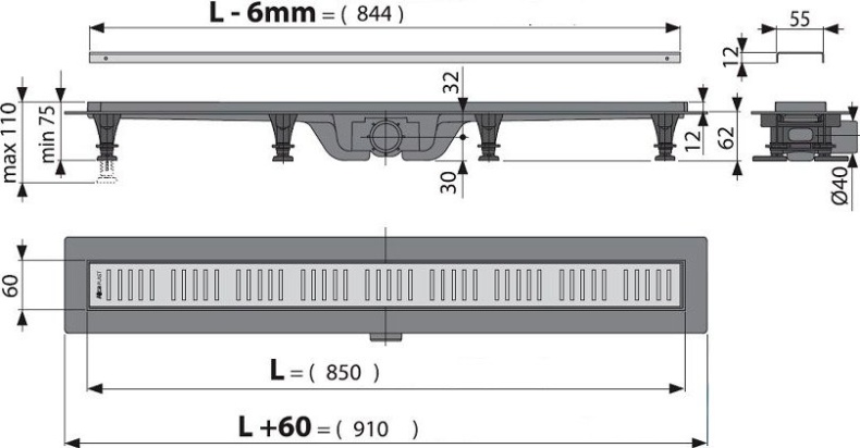 Душевой лоток AlcaPlast APZ10-Simple 850 с решеткой и опорами APZ10-850M - 3