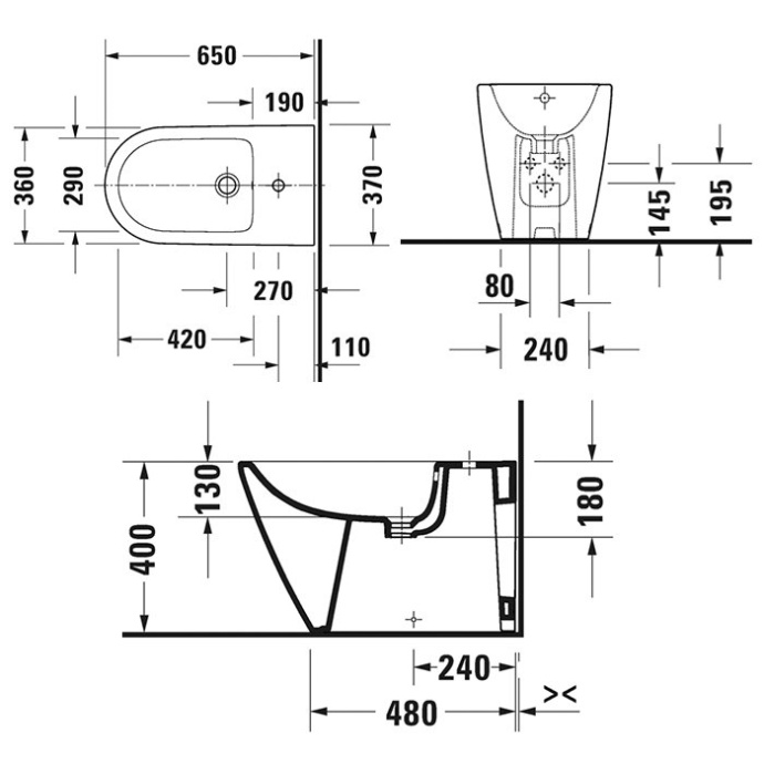 DURAVIT (D-Neo) Биде напольное 370 x 650 мм, с переливом, с отверстием под смеситель, белое 2294100000 - 1