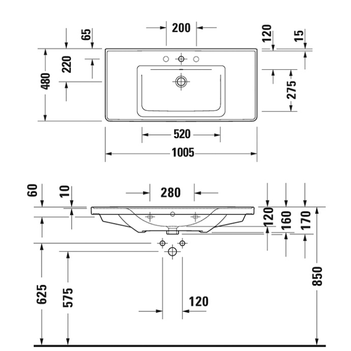 DURAVIT (D-Neo) Умывальник 1005 x 480 мм, с переливом, с отверстием для смесителя, белый 2367100000 - 3