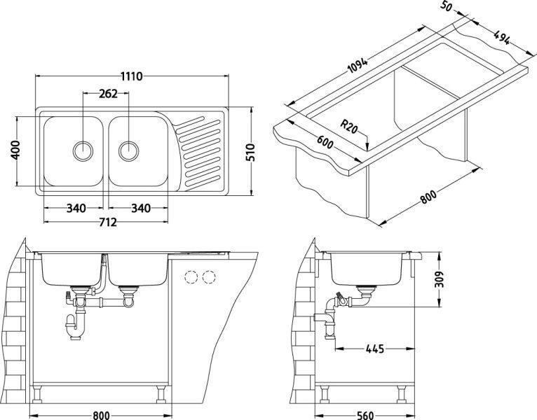 Мойка ELEGANT 70 SAT-90 1110X510 в комплекте с сифоном 1130555, 1009386 - 2