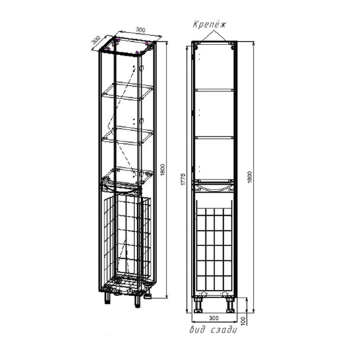 Шкаф-пенал Style Line Бергамо 30 L с бельевой корзиной серый  СС-00002327 - 4