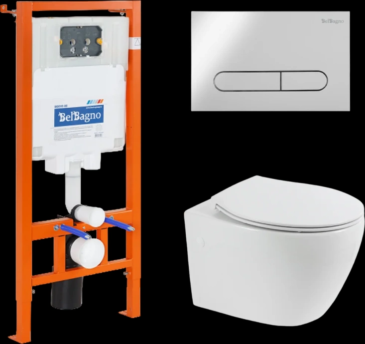 Комплект унитаза с инсталляцией BelBagno Prospero с сиденьем микролифт и кнопкой смыва белый глянцевый BB507B/BB1055SC/BB002-80/BB005-PR-CHROME - 0