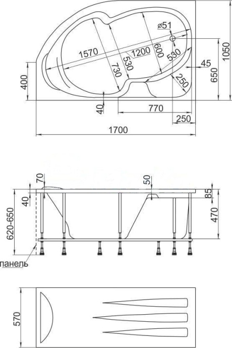 Акриловая ванна 1MarKa Diana R 170x105 4604613000110 - 3