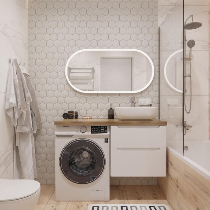 Тумба с раковиной STWORKI Берген 60 белая со светлой столешницей 122, Moduo 50 Square, L 549614 - 1
