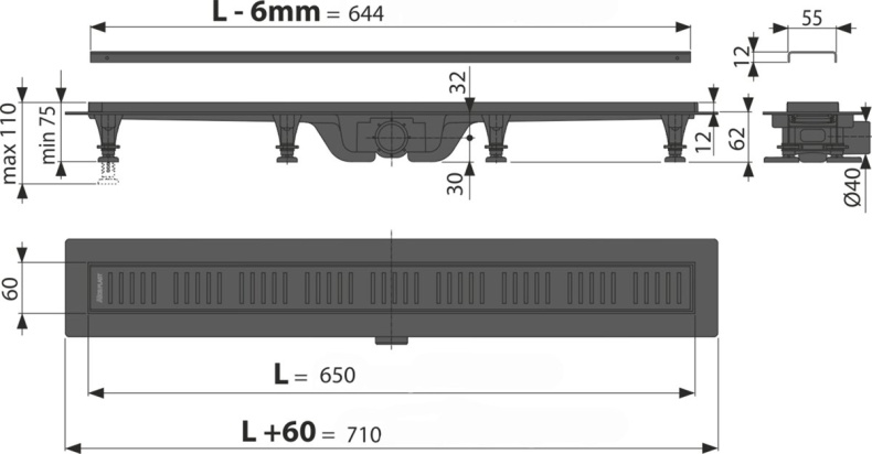 Душевой лоток AlcaPlast APZ10BLACK 650 с решеткой и опорами APZ10BLACK-650M - 1