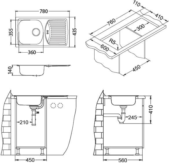 Мойка BASIC 150 NAT-90 NEW 780X435 в комплекте с сифоном  1130543, 1136532 - 3