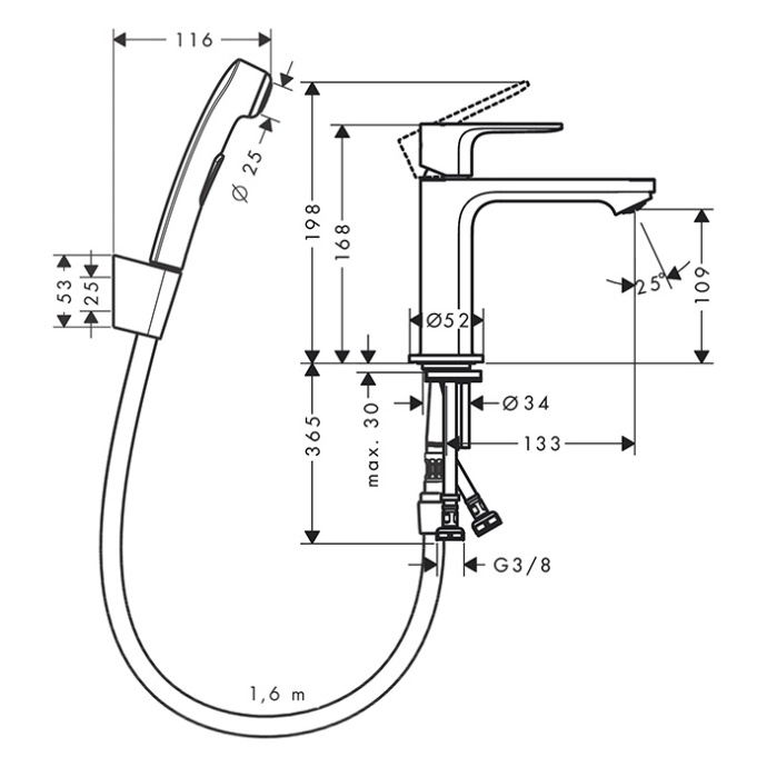 Смеситель для раковины Hansgrohe Rebris E с гигиеническим душем хром 72216000 - 1