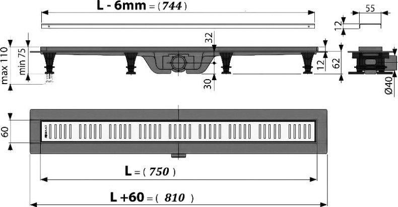 Душевой лоток AlcaPlast APZ10-Simple 750 с решеткой и опорами APZ10-750M - 3