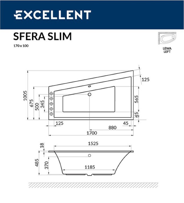 Акриловая ванна Excellent Sfera Slim 170х100 левая белая с гидромассажем WAEX.SFL17S.SOFT.CR - 1