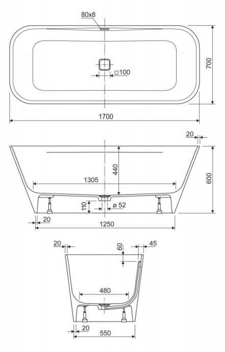 Ванна из литьевого мрамора Cezares Titan  TITAN-SQUARE-170-70-57 - 3