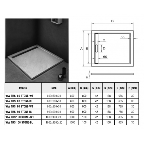 Душевой поддон с сифоном Weltwasser WW TRS  80 STONE-BL 80х80 черный  10000004378 - 2