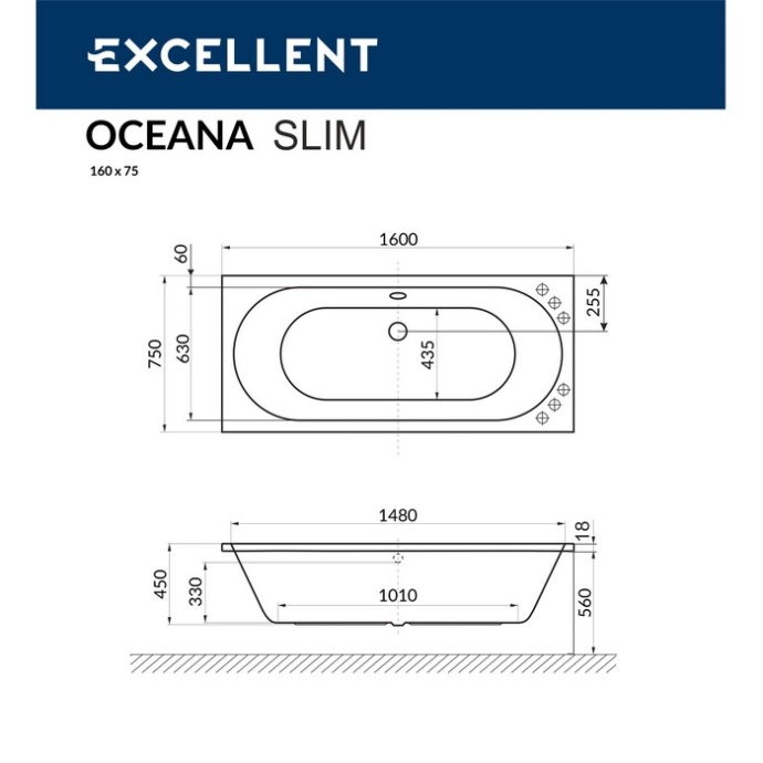 Ванна акриловая Excellent Oceana Slim Nano 160х75 с гидромассажем белый - хром WAEX.OCE16S.NANO.CR - 9