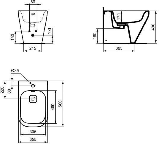 K523801 TONIC II Напольное пристенное биде, 1 отверстие под смеситель, с крепежом TT0257919 и керамической накладкой слива - 1