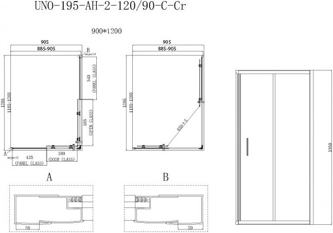 Душевой уголок BelBagno Uno-195 AH 2 120/90 C Cr UNO-195-AH-2-120/90-C-Cr - 1