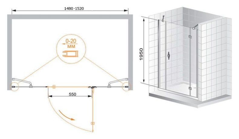 Душевая дверь в нишу Cezares Bergamo B13 60 60/30 P Cr R BERGAMO-W-B-13-60+60/30-P-Cr-R - 6
