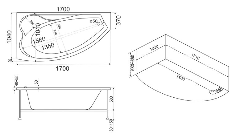 Акриловая ванна Bas Николь 170x108 см L с г/м ВГ00168 - 1