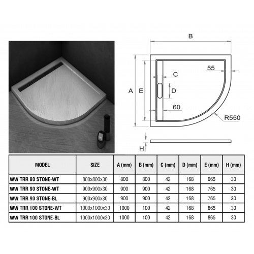 Душевой поддон с сифоном WeltWasser WW TRR 90 STONE-WT 90х90 белый  10000004357 - 1