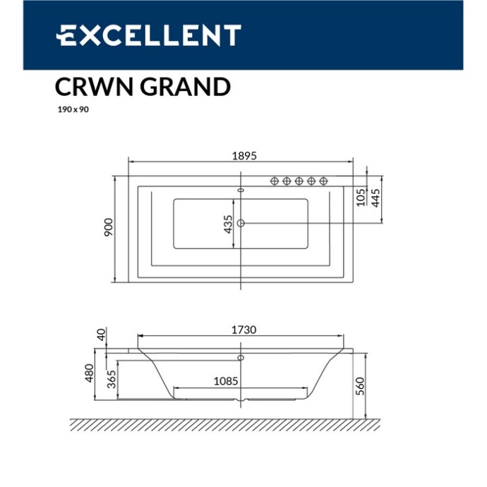 Ванна акриловая Excellent Crown Grand Relax 190х90 с гидромассажем белый - хром WAEX.CRG19.RELAX.CR - 7