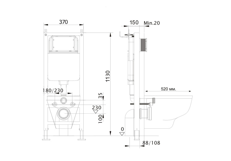 INS-0000017 Aquatek Инсталляция для подвесного унитаза узкая Aquatek Standart 37, 1130*370*150 мм, +звукоизоляционная прокладка - 2