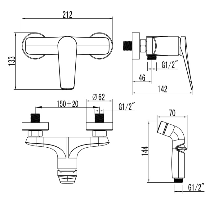 Смеситель Lemark Bronx LM3718BL настенный с гигиеническим душем, черный - 1