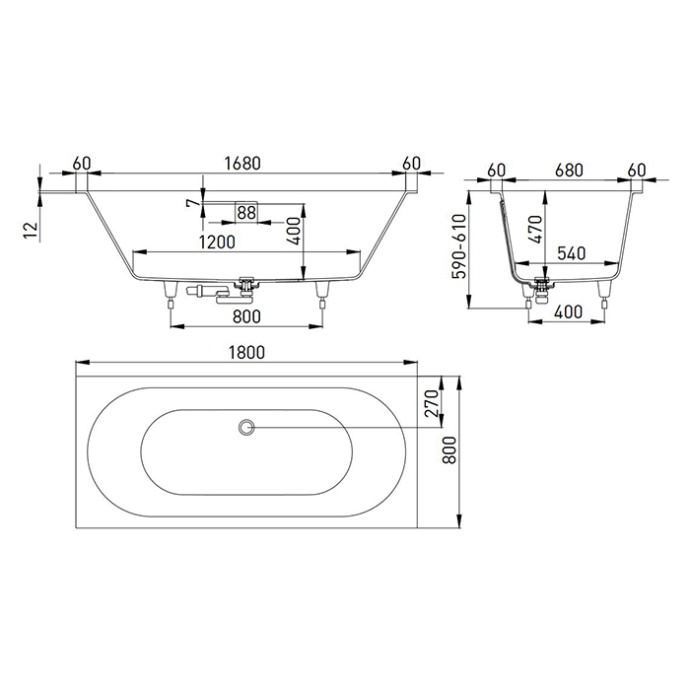 Salini ORNELLA AXIS KIT 180 Встраиваемая ванна 1800х800х600мм, прямоуг. ,мат-л: S-Sense, дон. кл. 