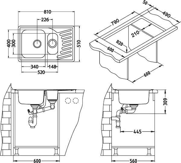 Мойка ELEGANT 110 SAT-90 810X510 1+1/2 в компл.с сифоном 1130555, 1009247 - 2