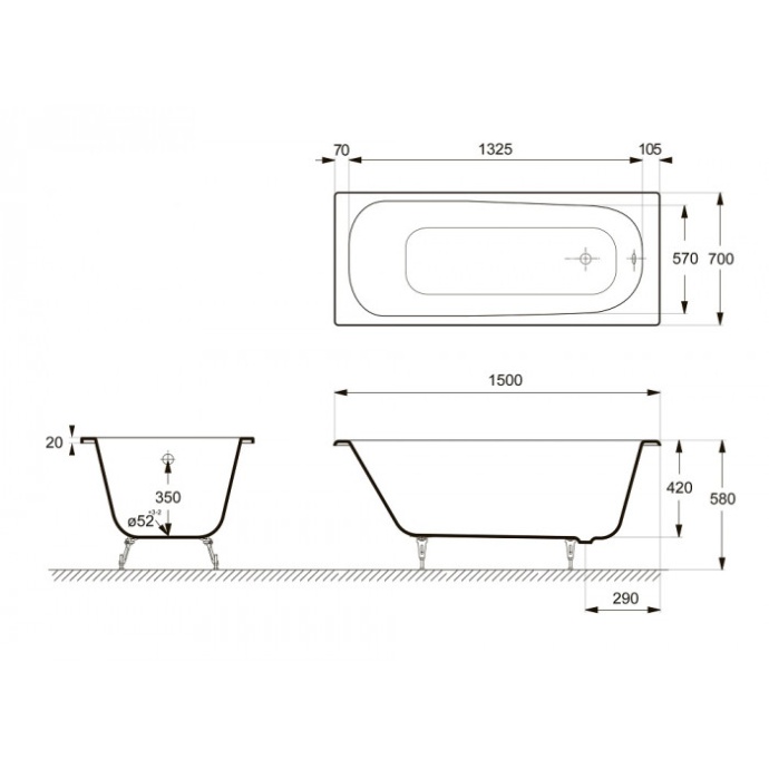 Ванна чугунная Delice Continental 150х70 с отверстиями под ручки  DLR230612R - 1