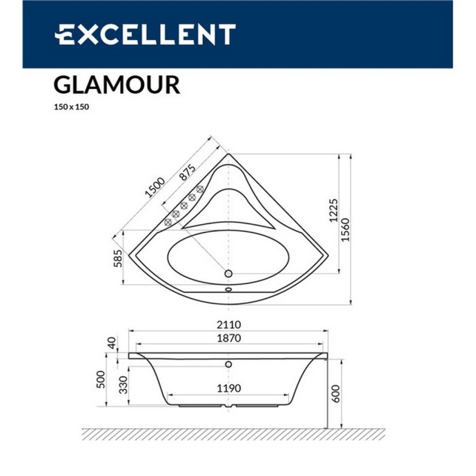 Ванна акриловая Excellent Glamour Smart 150х150 с гидромассажем белый - бронза WAEX.GLA15.SMART.BR - 8