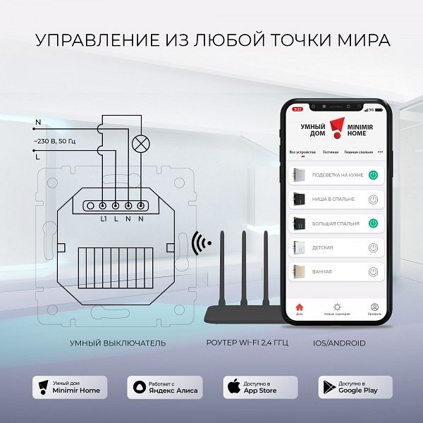 Сенсорный выключатель одноклавишный с функцией Wi-Fi Werkel черный W4510608 4690389171185 - 4