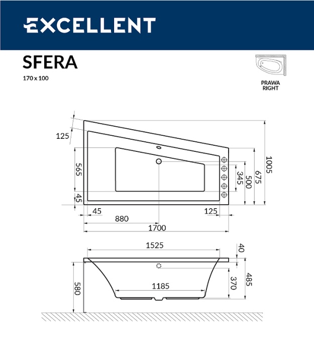 Акриловая ванна Excellent Sfera 170х100 правая белая с гидромассажем WAEX.SFP17.SOFT.CR - 1