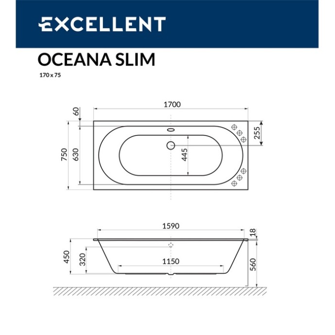 Ванна акриловая Excellent Oceana Slim Soft 170х75 с гидромассажем белый - золото WAEX.OCE17S.SOFT.GL - 7