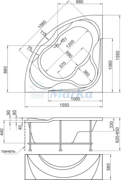 Акриловая ванна 1MarKa Luxe 155х155 4604613000165 - 1