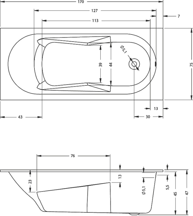 Акриловая ванна Riho Bathtubs Lazy 170х75 B078001005 - 1