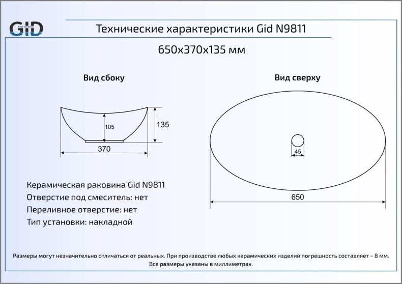 Накладная раковина Gid  64 см  N9811 - 1