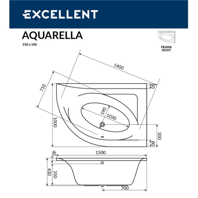 Ванна акриловая Excellent Aquaria Smart 150x100 R с гидромассажем белый - золото WAEX.ARP15.SMART.GL - 8