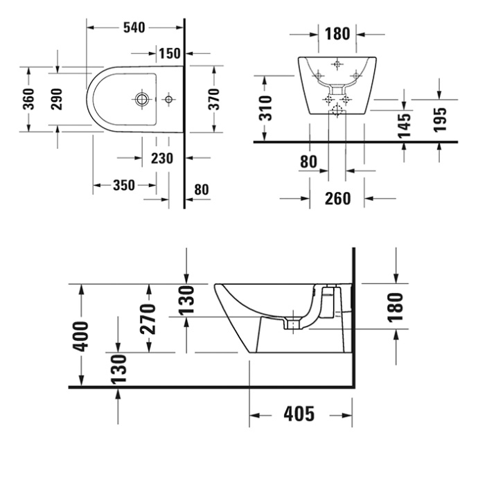 DURAVIT (D-Neo) Биде подвесное 370 x 540 мм, с переливом, с отверстием под смеситель, белое 2294150000 - 1