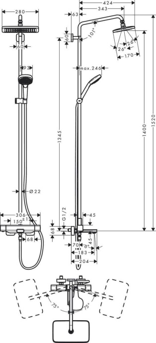 Душевая стойка Hansgrohe Croma 27687000 для ванны с душем, с термостатом - 4