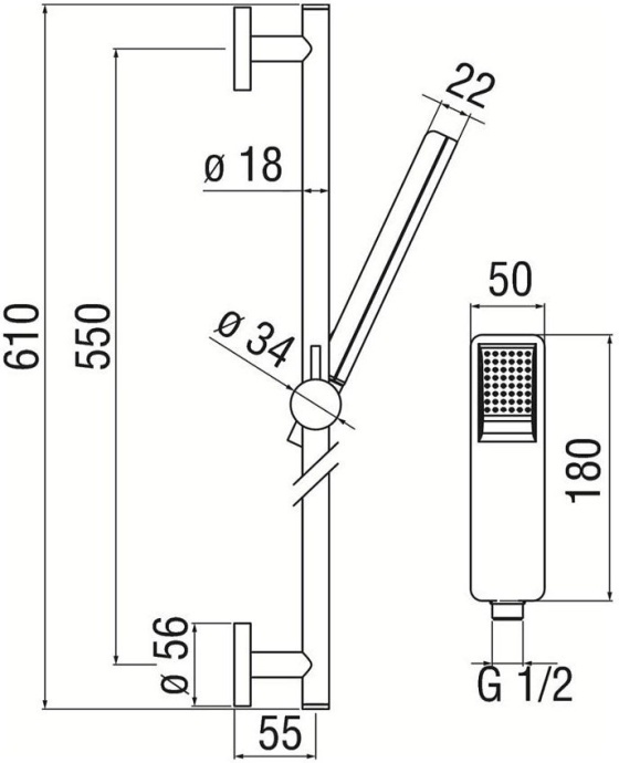 AD140/53BM душевой гарнитур 60 см 1jet (чёрный) - 1