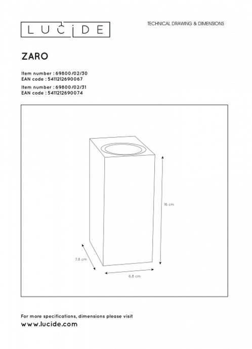 Уличный настенный светильник Lucide Zaro 69800/02/30 - 2