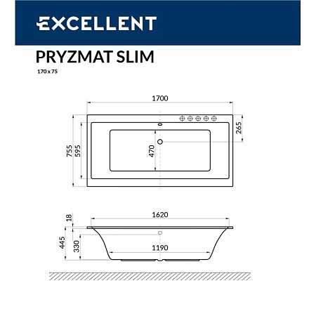 Акриловая ванна Excellent Pryzmat Slim 170x75 белая бронза с гидромассажем WAEX.PRY17S.LINE.BR - 2