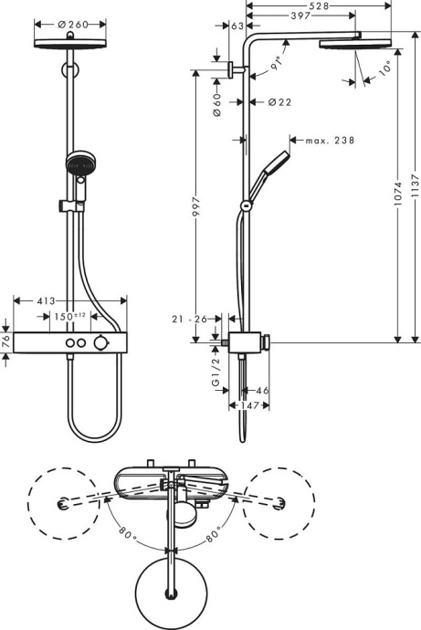 Душевая стойка Hansgrohe Pulsify Showerpipe 260 1jet EcoSmart с термостатом хром 24221000 - 1