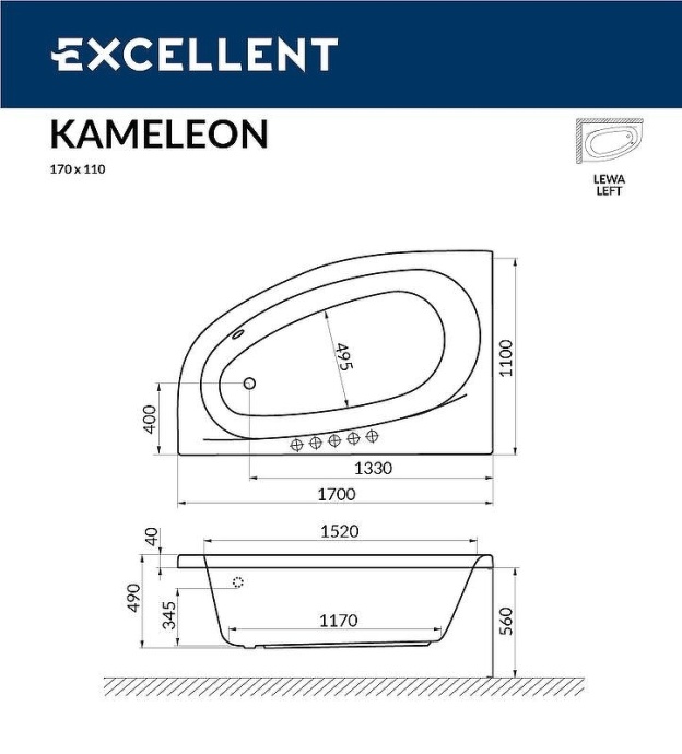 Акриловая ванна Excellent Kameleon 170x110 белая золото левая с гидромассажем WAEX.KML17.SMART.GL - 2