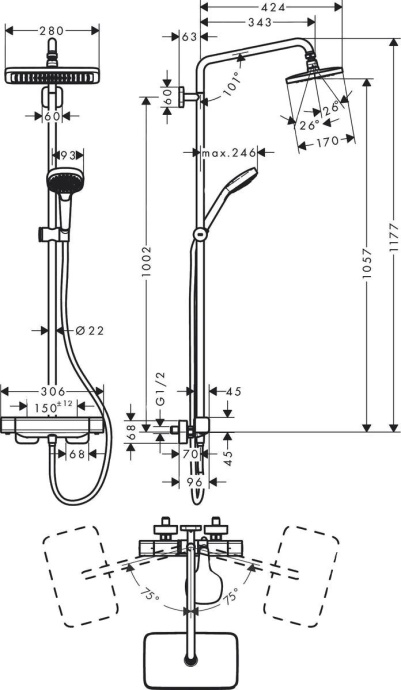 Душевая стойка Hansgrohe Croma 27630000 для душа, с термостатом - 5